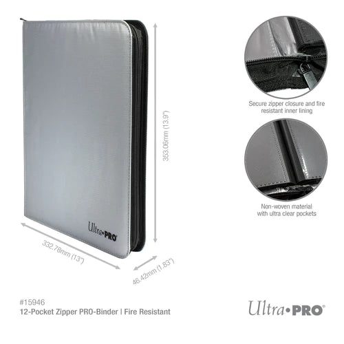 Ultra PRO 12-Pocket Zippered PRO-Binder: Silver Made With Fire Resistant Materials